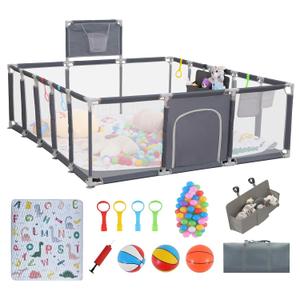Baby playpen, 79"x71"Baby Playpen with Mat IndoorOutdoor Playpen for Babies and Toddlers with Breathable Play Pen with Ocean Balls Hanging Pocket Basketball Hoop (Gray)