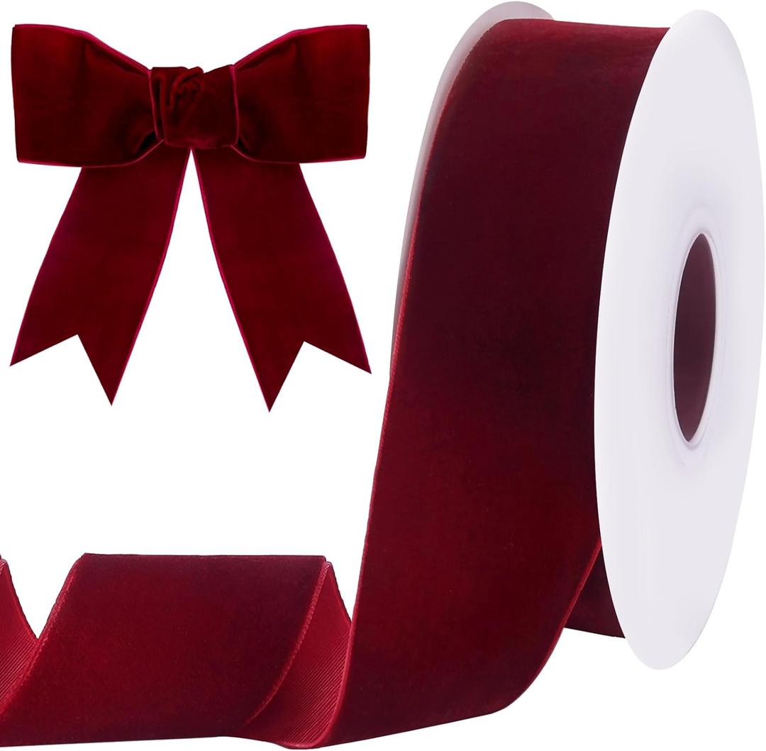 10 Yards Burgundy Velvet Ribbon 2 Inch for Christmas Tree,Dark Red Velvet Christmas Ribbon for Gift Wrapping Crafts Bow Wreath Holiday Decorations (Burgundy)