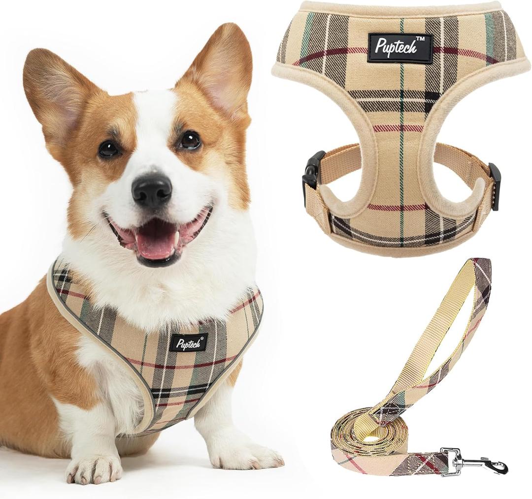 PUPTECK Soft Mesh Dog Harness and Leash Set Pet Puppy Cat Comfort Padded Vest No Pull Harnesses, Beige, XL (NECK: 20", CHEST: 21"-27"))