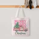 NATSUNO Pink Christmas Canvas Tote Bag, Coquette Christmas Tree Pickup Truck Canvas Tote Bag for Women, Preppy Xmas Winter Holiday Reusable Grocery Bags Shopping Bags