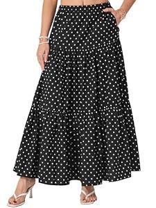 Yulaviniee Women's Boho Maxi Skirt with Pockets High Waisted Layered Tiered Casual A-Line Long Flowy Skirts Black Polka Dot Medium