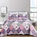 Dinjoy Purple Quilt Set King Size, Reversible Floral Plaid Patchwork Pattern Bedding Set Soft Microfiber Lightweight Bedspread Coverlet 3 Piece Spring Summer Use (104x90 inches)