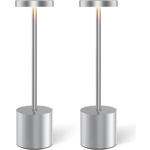 Silver Cordless Table Lamp Rechargeable - 2 Pack 5000mAH Battery Operated Lamp for Counter, 3 Color Stepless Dimming Waterproof LED Wireless Lamp for Dining Kitchen, Outdoor Patio, Touch Control
