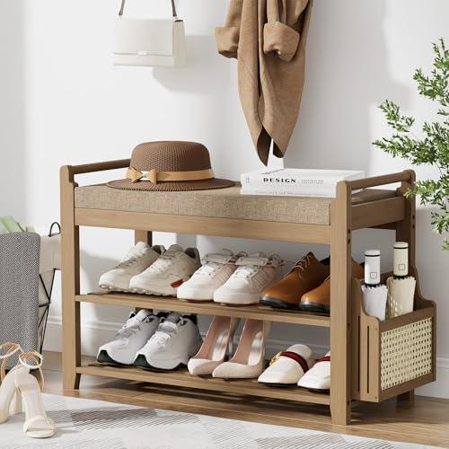 Homaxy 2-Tier Shoe Rack Bench with Side Holder, 28.2 in Bamboo Entryway Bench, Shoe Rack Organizer with Cushion for Front Entrance, Hallway Living Room Bedroom, Walnut and Light Brown