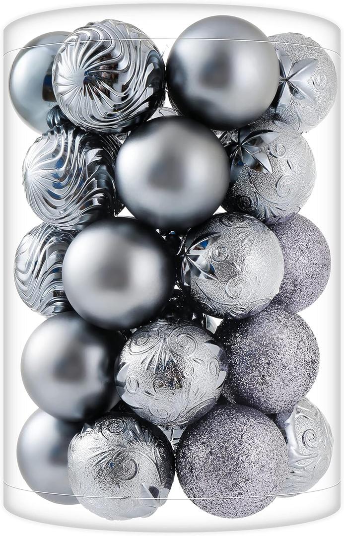 34ct Grey Christmas Ball Ornaments Shatterproof Plastic Christmas Tree Decorations for Xmas Party Home Office Holiday Decor -Medium Size (2.36"/ 60mm)