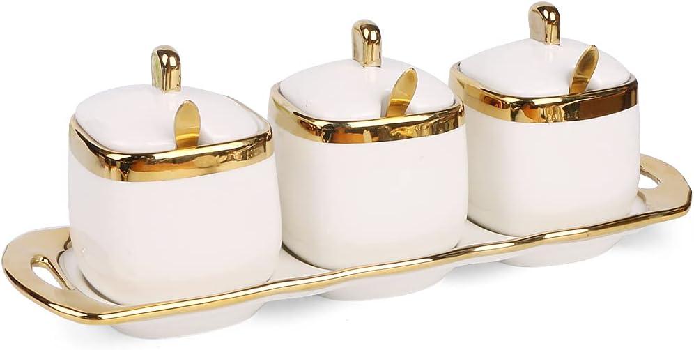 Fvstar Sugar Bowl with Lid and Spoon, Ceramic Salt Containers for Countertop, Salt and Sugar Container Sets, White Seasoning Bowls, Gold Condiment Containers for Kitchen Coffee Bar
