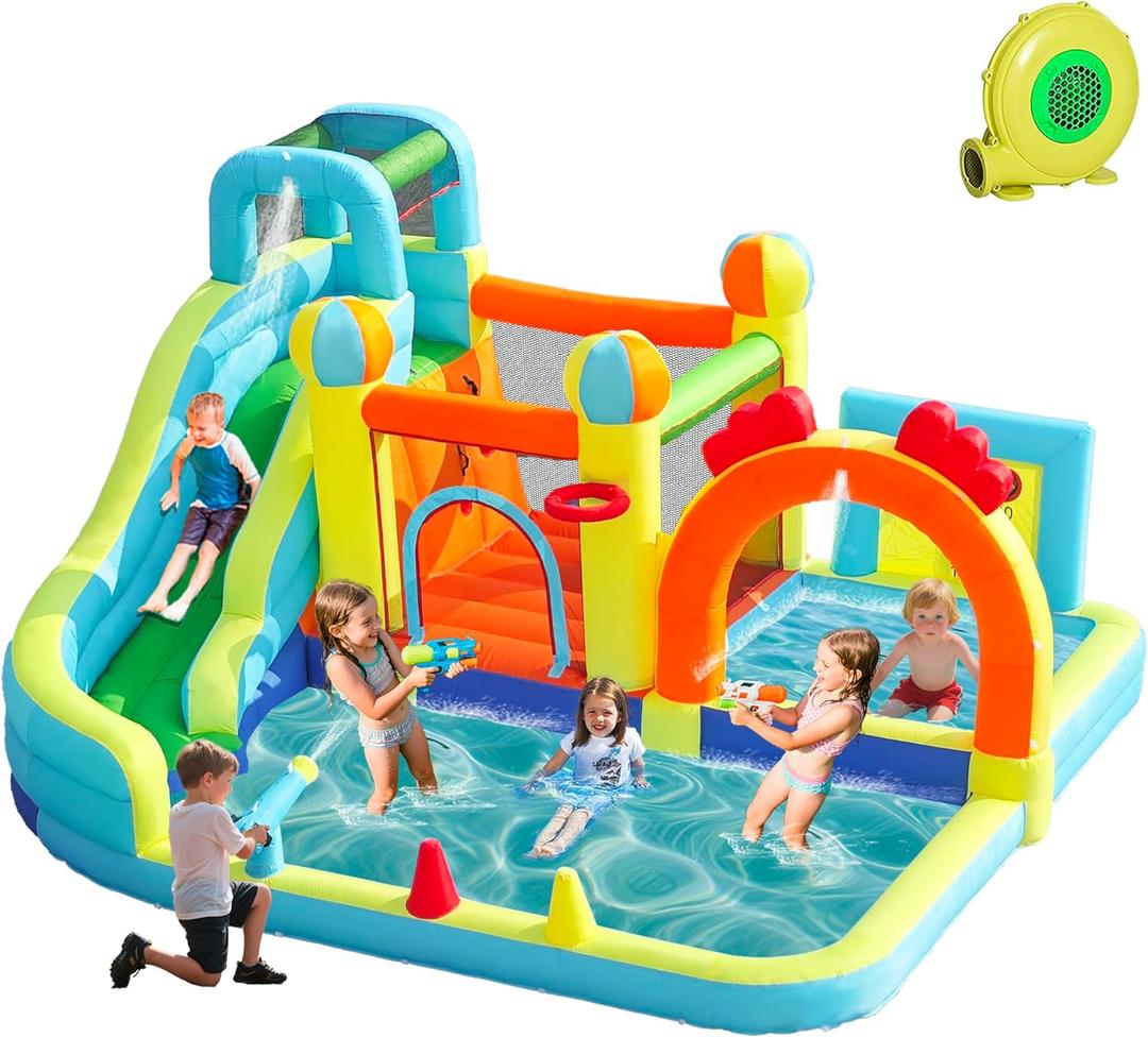 Inflatable Water Slide Park with Splash Pool for Kids,Climbing Wall,Bounce House with Ball Shooting,Kids Bouncy Castle with Air Blower for Outdoor Backyard