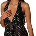 Mxiqqpltky Halter Neck Polka Dot Tops for Women Sexy Sheer Mesh V Neck Peplum Tie Backless Y2k Going Out Tank Top Clubwear (Black, M)