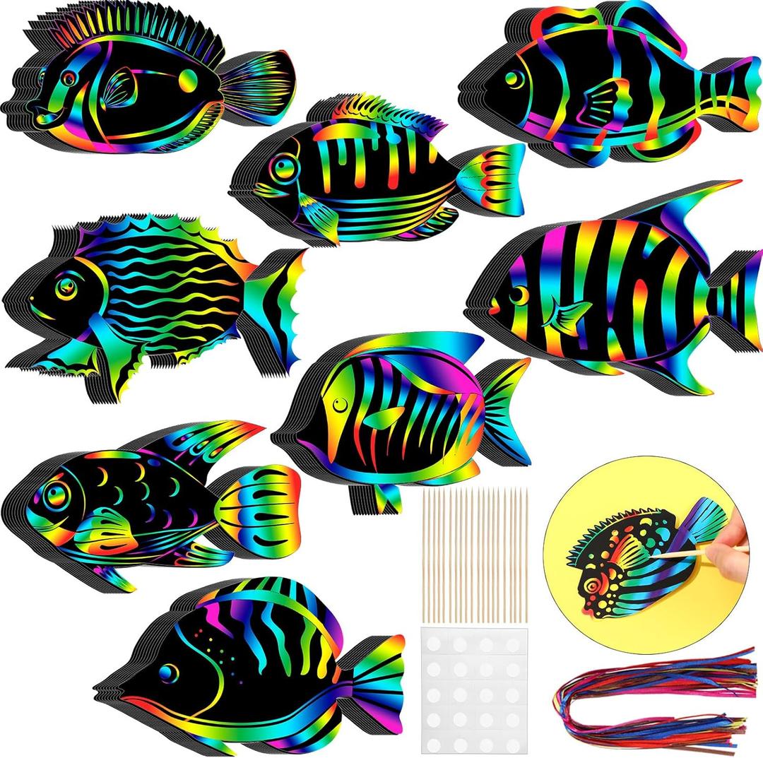 Motionchic 80 Pieces Tropical Fish Scratch Card for Kids Rainbow Ocean Fish Paper Crafts Sea Animal Ornament Under The Sea Party Favors with Wooden Stick and Ribbon for Summer Party DIY Supplies