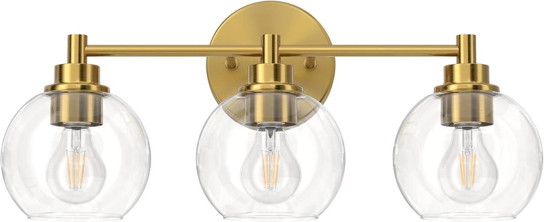VONLUCE Bathroom Light Fixtures, 3-Light Bathroom Vanity Light with Globe Glass Shades E26 Sockets, Vanity Lights Over Mirror for Bedroom Hallway Living Room, Gold Finish