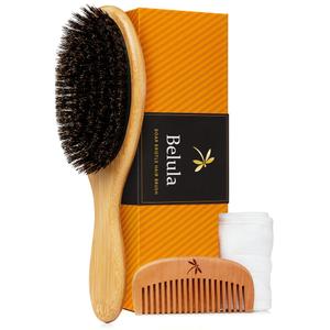 Belula 100% Boar Bristle Hair Brush Set (Medium). Soft Natural Bristles for Thin and Fine Hair. Restore Shine And Texture. Wooden Comb, Travel Bag 