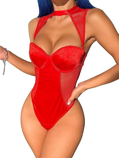 WDIRARA Women's Mesh Cut Out Teddy One Piece Underwire Choker Lingerie Bodysuit, Small