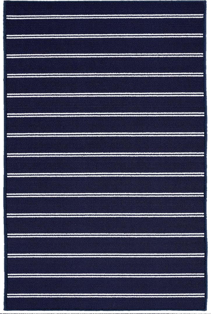Garland Rug Avery Striped Navy Blue / White 3 Ft 6 In X 5 Ft Rug Non-Slip, Soft, Stain-Resistant Ideal For Living Rooms & Hallways, Stylish & Durable For High-Traffic Areas