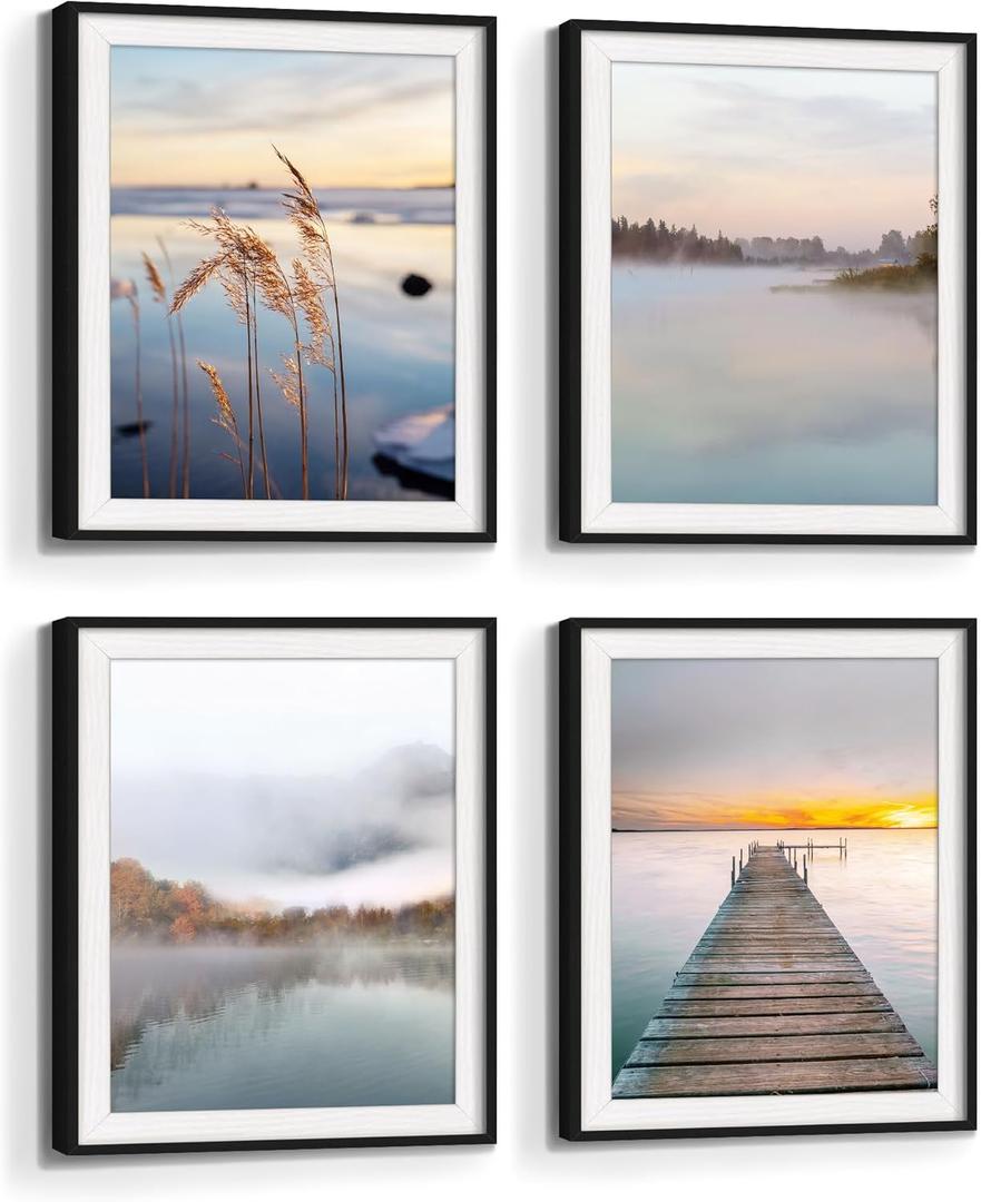 Framed Lake Picture Wall Art: Sunset Pier Landscape Print Glass Protected Relaxing Dock Nature Scene Painting Decor Artwork for Bedroom Bathroom Living Room Home (Lake Theme 01)