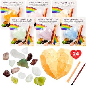 24 Pack Valentines Gemstones Dig Kit for Kids Gems Crystal Excavation with Card Party Favors for Boys and Girls Valentines Exchange Gifts