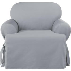 SureFit Heavyweight Cotton Duck T-Cushion Chair Slipcovers, Heavyweight Cotton Chair Cover, One Piece Design, Armchair Cover with Seat Elastic and Adjustable Corner Ties, Pacific Blue