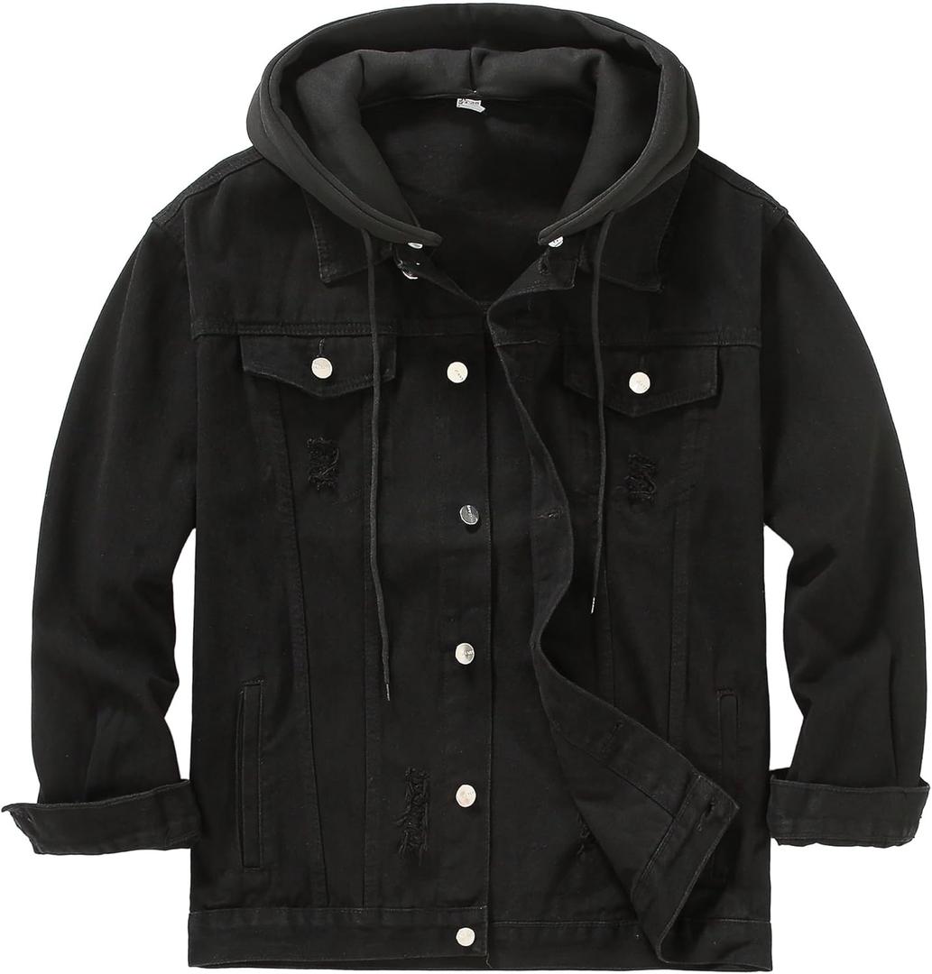 DOSLAVIDA Men's Distressed Denim Jacket Unisex Button Down Jean Coat Casual Long Sleeve Trucker Hooded Jackets Outwear (Black, XL)