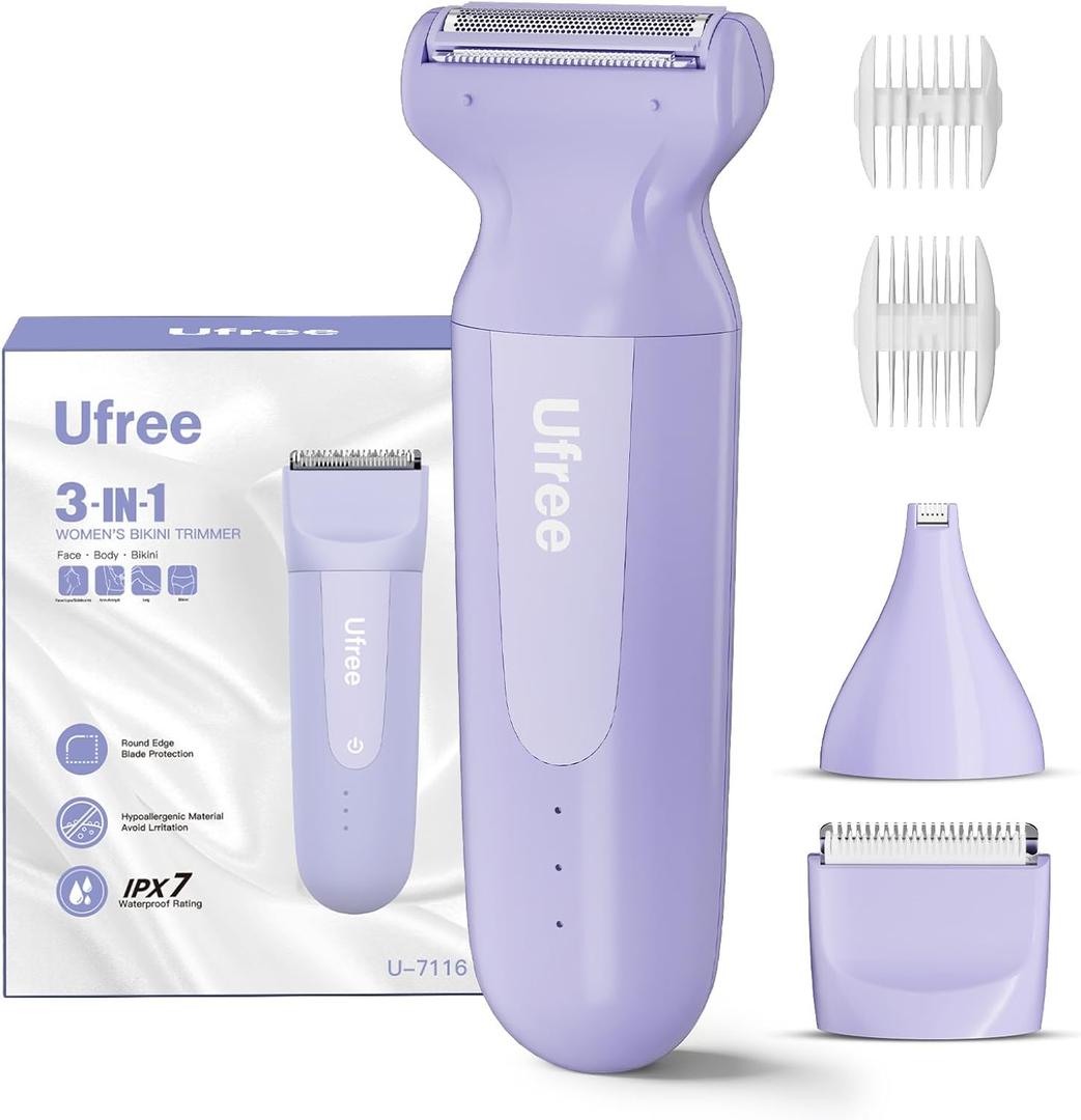 Ufree 3-in-1 Women's Electric Razor with Ceramic Blades, IPX7 Waterproof Bikini Trimmer for Women, Pubic Hair Trimmer, Cordless Rechargeable Shaver for Legs, Armpit, Valentine's Gifts for Women