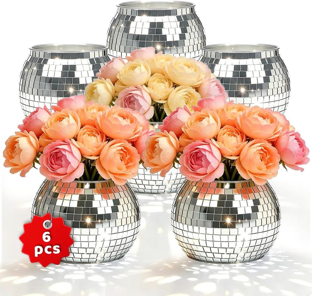 6 Pcs Disco Ball Vases,6" X 6.7" Disco Ball Centerpieces Decor,Silver Mirror Plastic Vase Disco Ball Planter for Wedding,Birthday,Office Table Decorations