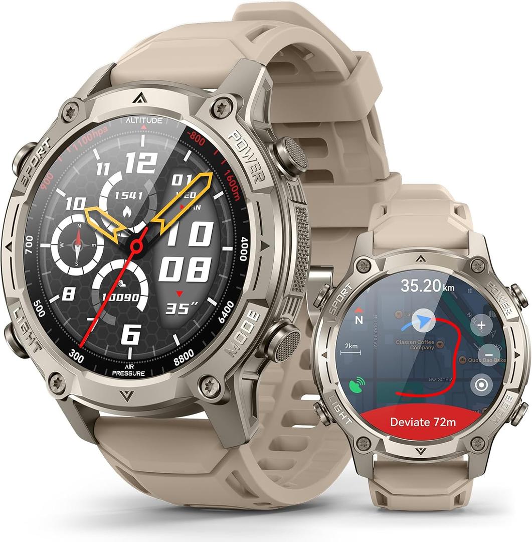 Smart Watch for Men, with GPS, Offline Maps, Heart Rate, Blood Oxygen, Stress, Sleep Monitor, 178 Sports Modes, 5ATM Waterproof Round Watch, 1.43-inch AMOLED Display, Compatible Android and iOS Khaki