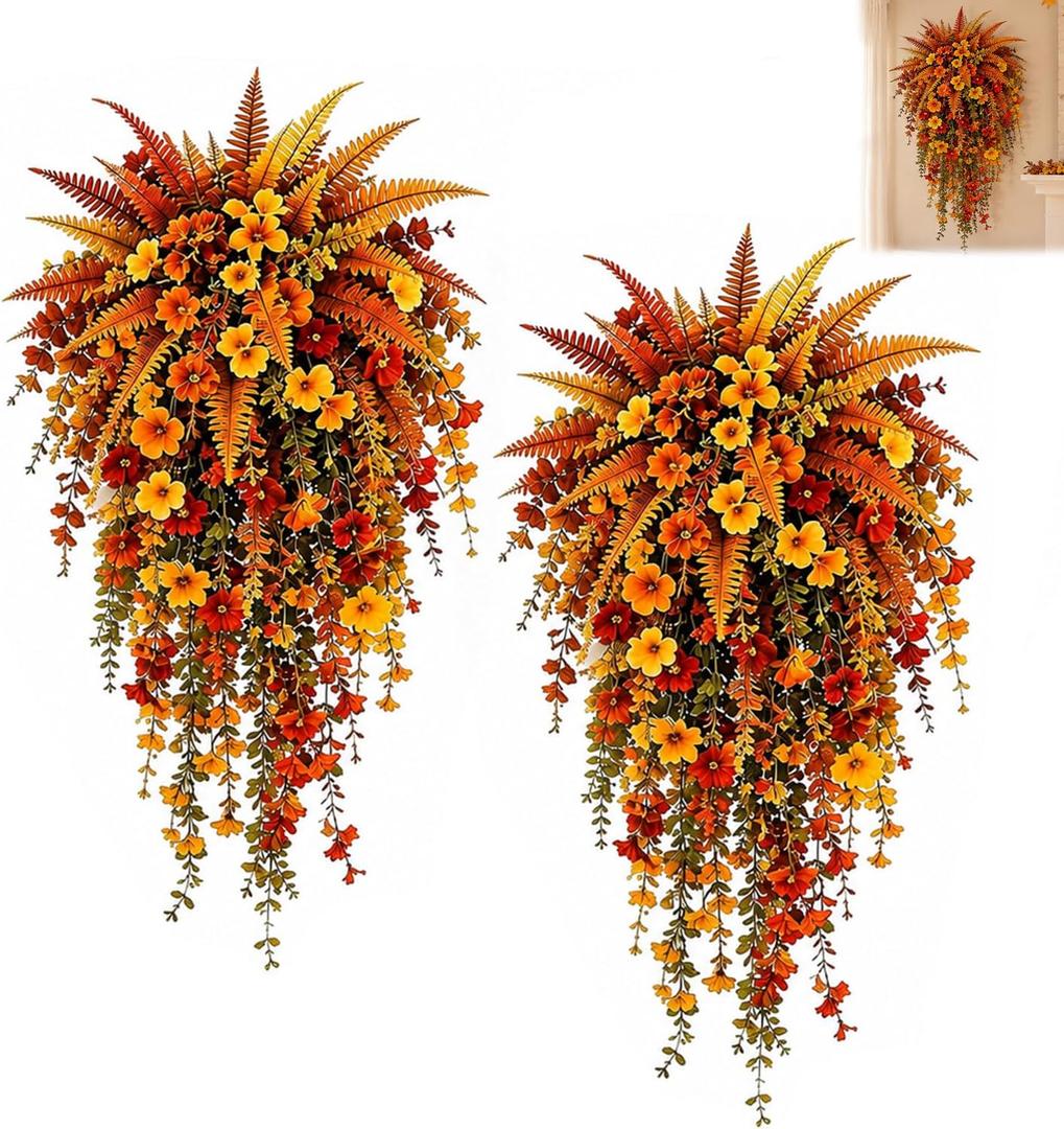 2 PCS Artificial Fall Hanging Basket Decor, Faux Autumn Persian Grass & Morning Glory Arrangement, UV Stable Artificial Florals for Porch Outdoor Autumn Display
