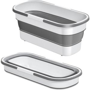 Large Collapsible Plastic Bucket with Wheels, 17L (4.5 Gallons) Cleaning Mop Buckets for House Cleaning, Camping, Multi-Purpose Rectangular Handy Basket, Grey
