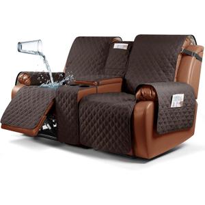 Ruaozz Waterproof Recliner Loveseat Cover with Console Non-Slip Couch Covers for Reclining Couches Pet Cover for Double Recliner Sofa Cover with Elastic Straps for Kid Dogs Pets (Chocolate, 2 Seater)
