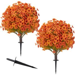 2 Pack Artificial Fall Flower Topiary Balls, UV‑Resistant Faux Orange Autumn Shrubs with Ground Stakes for Front Porch Yard Lawn Thanksgiving Outdoor Decor