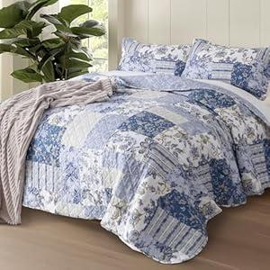 DAWNDIOR Boho Blue Floral Quilt Set Queen Size - 90"x96" Reversible Bedspread Two-Sided Bedding, All-Season Lightweight Bedding with Recycled Cotton, Farmhouse Decor & Housewarming Gift