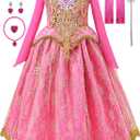 Aoiviss Girls Princess Costume Dresses Pink Princess Dress Up Clothes with Accessories for Halloween Cosplay Carnival Party