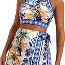 SweatyRocks Women's Tie Backless Tropical Print Halter Top and Shorts 2 Piece Vacation Outfits Blue Medium