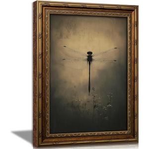 Vintage Gold Framed Wall Art Retro Dark Dragonfly Painting Canvas Prints Gothic Insect Picture Wall Decor Rustic Farmhouse Animal Poster Artwork for Living Room Bedroom Bathroom, 16x24in
