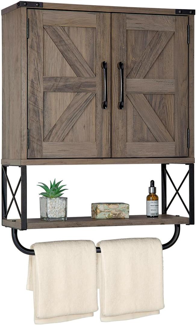 RUSTOWN Farmhouse Medicine Cabinet with 2 Barn Door, Wood Wall Mounted Storage Cabinet with Adjustable Shelf and Towel Bar, 3-Tier Bathroom Cabinet for Bathroom, Living Room(Washed Oak, Medium)