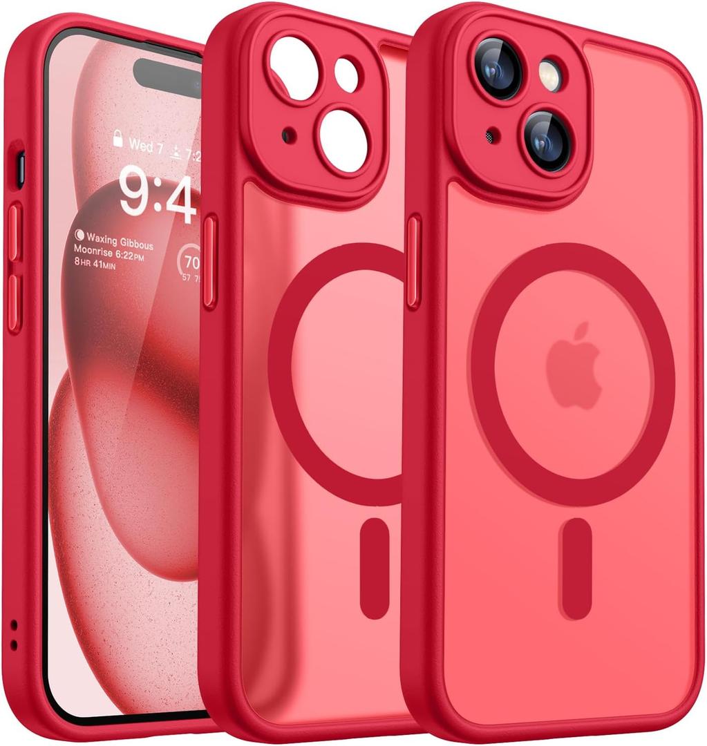 CANSHN Magnetic for iPhone 15 Case, Upgraded [Full Camera Protection] [Compatible with Magsafe] [Translucent Matte] Shockproof Protective Phone Case for iPhone 15 6.1" - Red