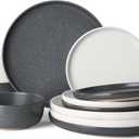 Famiware Milkyway Plates and Bowls Sets, 12 Pieces Dinnerware Sets, Reactive Glaze Dish Set, Stoneware Dishes Set for 4, Matte Beige White & Matte Dark Charcoal