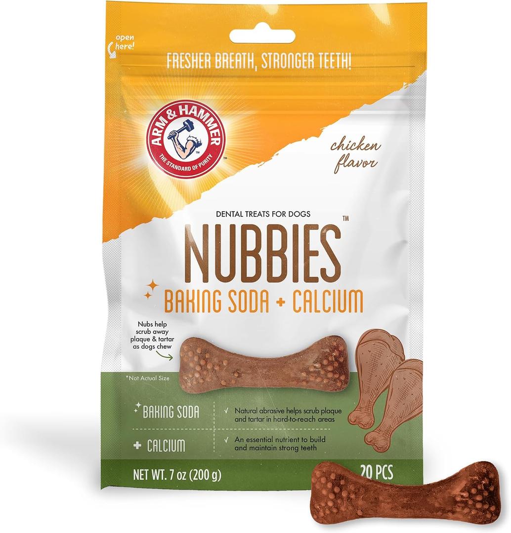 Arm & Hammer for Pets Nubbies Dental Treats - Baking Soda & Calcium Dog Dental Chews, Nubbed Texture Helps Scrub Plaque & Tartar While Chewing, Chicken Flavor, 20 Count, 7 Ounce (EXP 05/13/27)