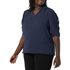 Amazon Essentials Women's Lightweight Georgette Half-Sleeve Ruffle Neck Woven Blouse (Navy)