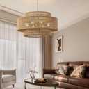 31.5"Large Boho Rattan Farmhouse Chandeliers for Dining Room,8-Light Rattan Hand-Woven Rustic Drum Chandelier Pendant Light Fixture for Kitchen Island Bedroom Living Room Entryway Foyer(Brown)