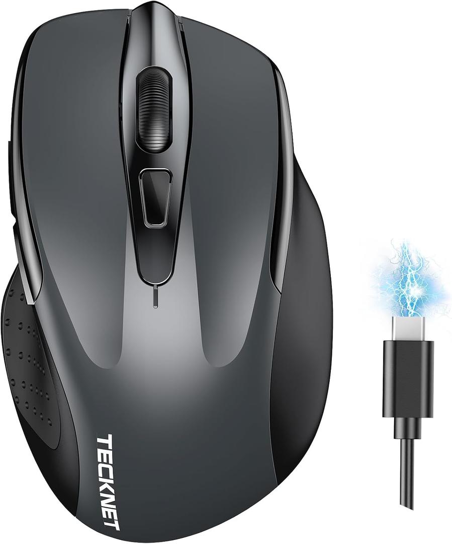 TECKNET Wireless Mouse (BT5.0/3.0 & 2.4G) Rechargeable 4800 DPI Silent USB A & Bluetooth Mouse 6 Buttons, Wide Compatibility - Grey