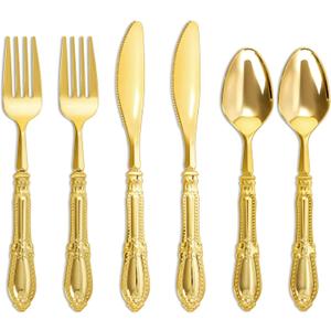 Nervure 300PCS Gold Plastic Silverware - Heavy Duty Disposable Cutlery Set,Luxury Gold Plastic Utensils include 100Pcs Forks, 100Pcs Spoons, 100pcs Knives Perfect for Wedding,Party,Daily Use