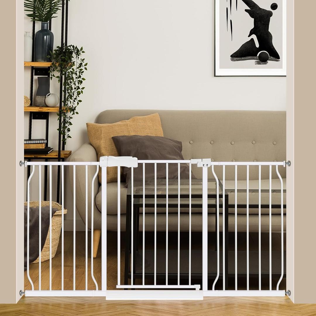 Extra Wide Baby Gate 57.5-62.2 Pressure Mounted, Child Dog Pet Safety Gates with Walk Through Door for Doorways Stairs No Drilling in Door, White