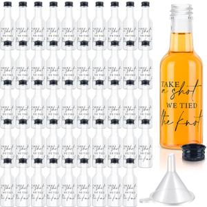 Bokon 50 Pcs Mini Wedding Liquor Bottles Take a Shot We Tied The Knot Shot Glasses for Guests 1.7 Fl Oz/ 50 ml Plastic Reusable Empty Bottle with Cap Funnel Acrylic Mini Glasses for Bridal (Black)