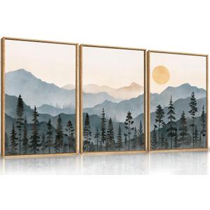LHIUEM Boho Mountain Framed Canvas Wall Art Set, Forest Pine Tree Wall Decor, Sunrise Misty Wilderness Painting, Watercolor Nature Landscape Artwork for Living Room, Bedroom, Dining Room, Office -16"x24"x3
