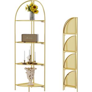 Crofy Foldable 4 Tier Corner Shelf, Metal Corner Plant Stand with Gold Frame and Gold Shelves, Corner Display Rack Multipurpose Shelving Unit for Living Room, Bedroom, Bathroom Gold Frame & Gold Shelf, 4 Tier