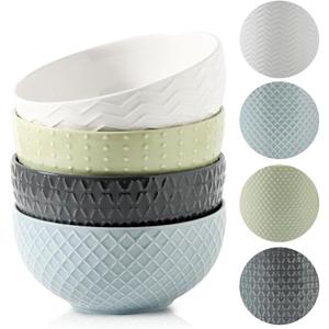 HASENSE Ceramic Cereal Bowls Set of 4, 26 OZ Soup Bowls, Embossed Stoneware Porcelain Bowls for Cereal, Soup, Oatmeal, Salad, Noodles & Rice, Microwave & Dishwasher Safe, Multi-Color