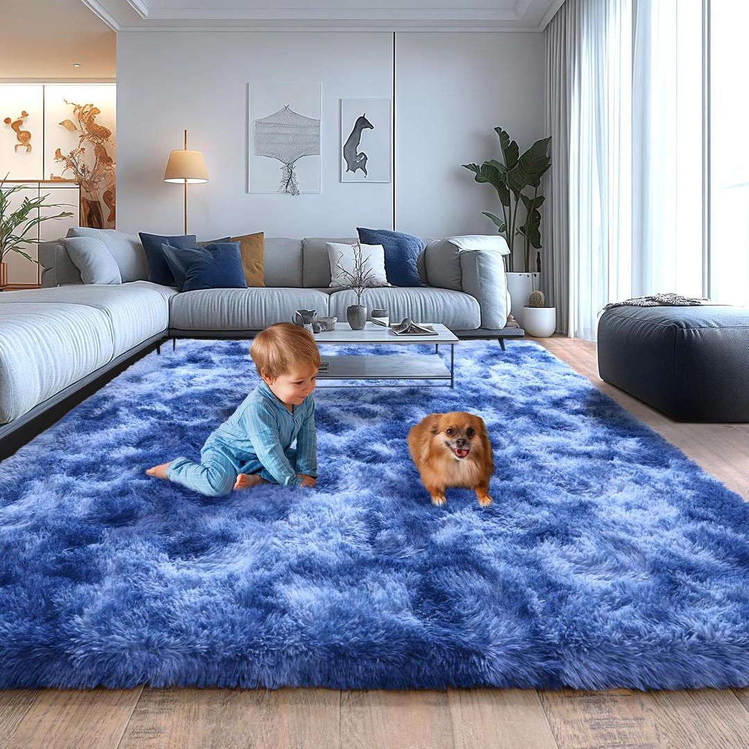 Extra Large 9x12 Feet Fuzzy Rug Fluffy Rug for Living Room, Big Plush Non-Skid Shag Carpet, Soft Shaggy Purple Gray Rugs for Bedroom Indoor Modern Home Decor Tie Dye Blue