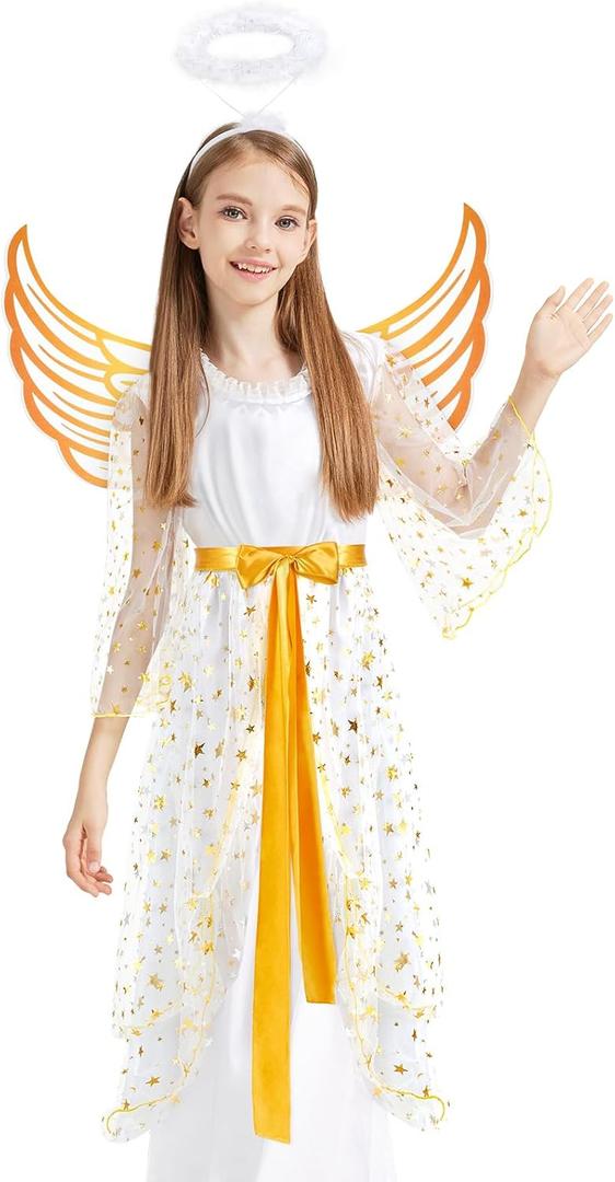 ComfyKit Halloween Angel Costume for Girls, Kids Angel Dress with Wing&Halo, Girls Outfit Set for Role Play Parties (Small)