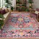 Lahome Reine 8x10 Area Rugs for Living Room, Washable Rugs for Bedroom Aesthetic Large Dining Room Rugs for Under Table, Bohemian Low Pile Nursery Carpet for Playroom Home Office, Fuchsia/Multi