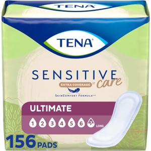 TENA Incontinence Pads, Bladder Control & Postpartum for Women, Ultimate Absorbency, Long Length, Sensitive Care - 156 Count