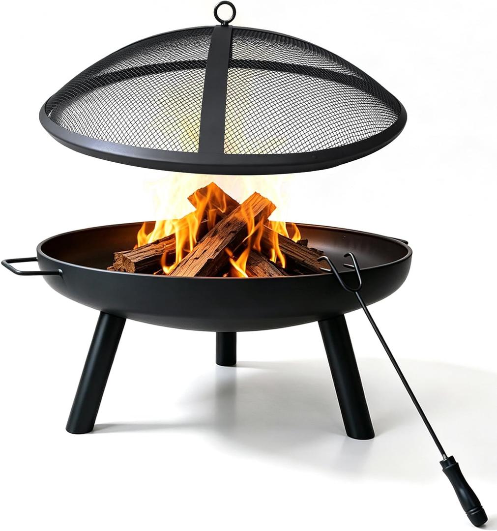 23inch Portable Fire Pit with Fire Poker and Spark Screen, 2 in 1 Small Round Outdoor Fireplace for Outside Heating, Bonfire Party, Camping, Backyard, Patio, Garden, RV Trip